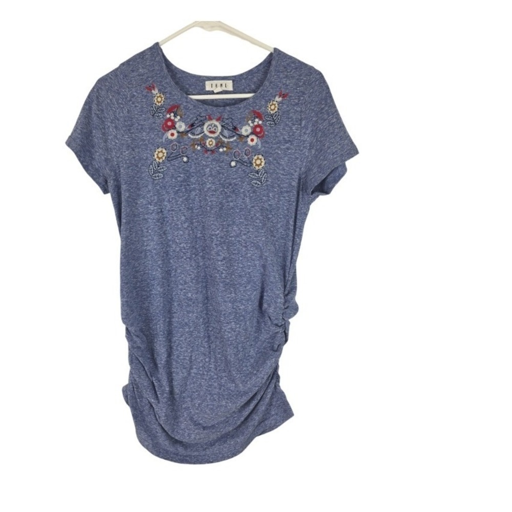 THML‎ Fitted Midi Dress M Womens Blue Embroidered Coquette Short Sleeve Floral
